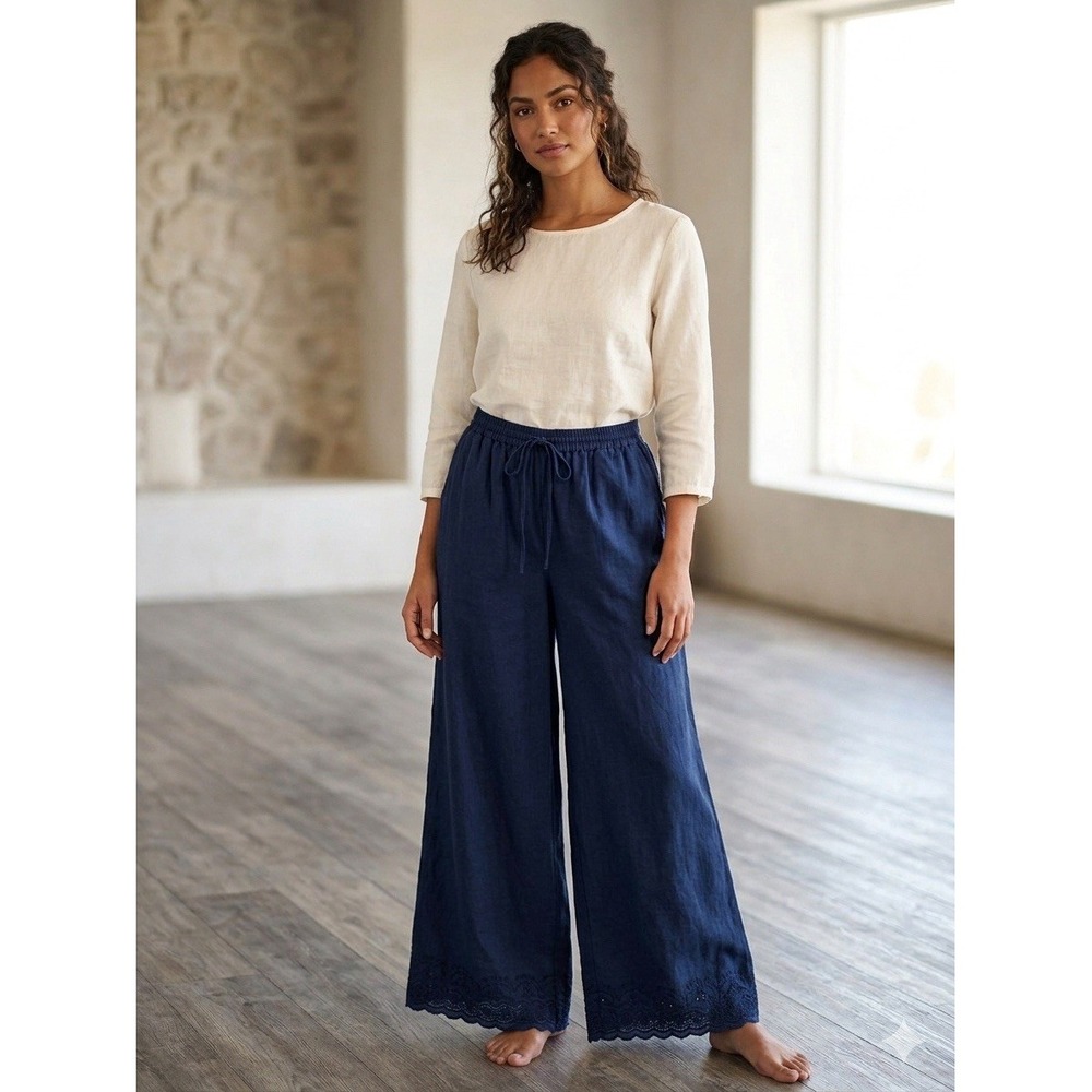 Roller Rabbit Scalloped Hem Wide Leg Drawstring pull on Pants xxs Navy blu Linen